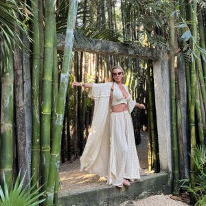 3 częściowy Komplet WAVE - szerokie spodnie - top wiązany - kimono oversize beżowy 