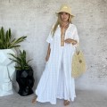 komplet letni bambusowy muślin sukienka kimono koszula maxi top wiązany spodnie szerokie resort wear boho naturalna tkanina przewiewna odzież wakacyjna plażowa styl minimalistyczny elegancki oversize lekkość komfort podróże lato piaskowy beż moda damska