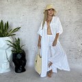 komplet letni bambusowy muślin sukienka kimono koszula maxi top wiązany spodnie szerokie resort wear boho naturalna tkanina przewiewna odzież wakacyjna plażowa styl minimalistyczny elegancki oversize lekkość komfort podróże lato piaskowy beż moda damska